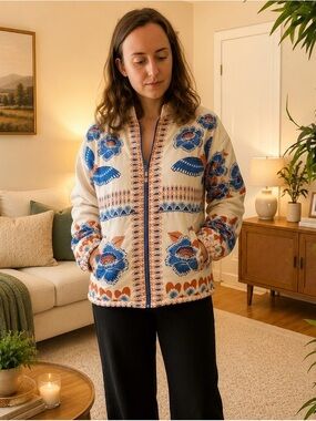 Embroidered Floral Quilted Jacket - Cream & Blue